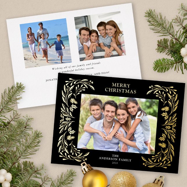 Tarjeta Festiva Con Relieve Metalizado 3 Fotos Navidades Greenery Gold (Gold Foil 3 Photos Christmas card)