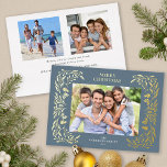 Tarjeta Festiva Con Relieve Metalizado 3 Fotos Navidades Greenery Gold<br><div class="desc">Esta tarjeta horizontal de Navidades azules polvorientos presenta un elegante Relieve metalizado dorado de vegetación invernal que enmarca la foto. En la parte trasera se ofrecen 2 fotos cuadradas adicionales y texto personalizado para un mensaje personal.</div>