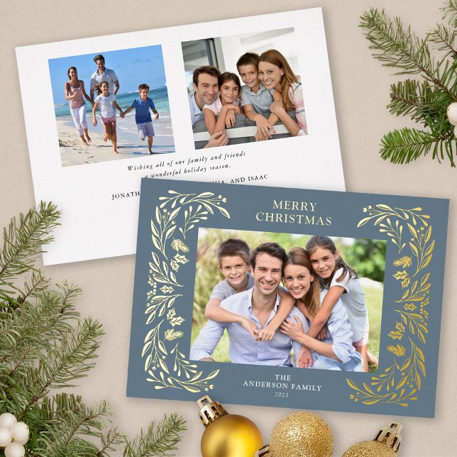 Tarjeta Festiva Con Relieve Metalizado 3 Fotos Navidades Greenery Gold (Gold Foil 3 Photo Christmas card)