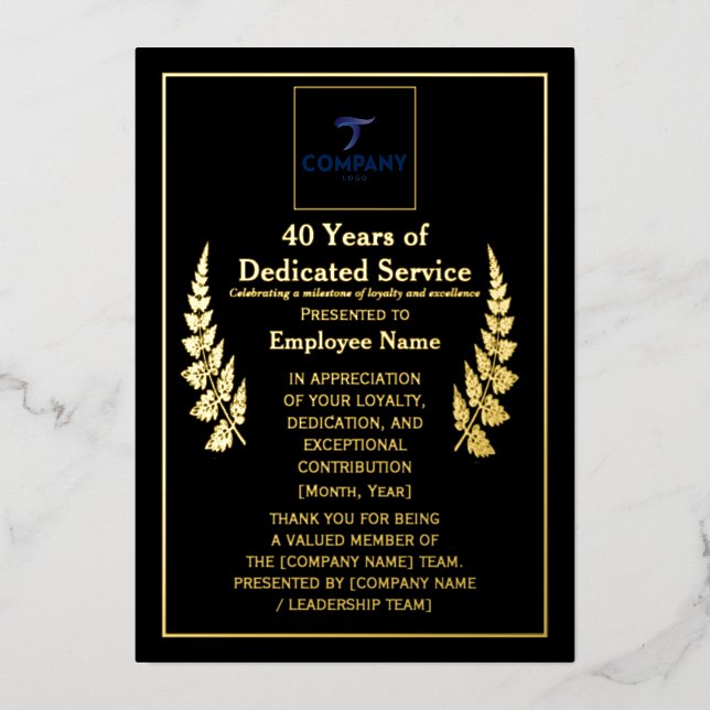 Tarjeta Festiva Con Relieve Metalizado 40 Years of Dedicated Service Award Custom Foil  (Anverso)
