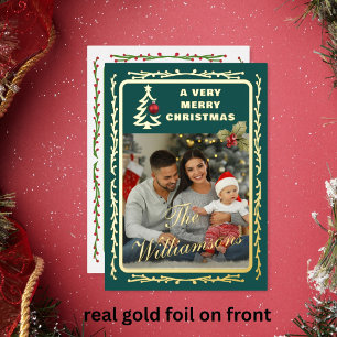 Tarjeta Festiva Con Relieve Metalizado 4 Feliz Navidad Foto Familiar con Hojuela de Oro