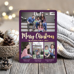 Tarjeta Festiva Con Relieve Metalizado 4 Foto Collage moderno Purple Merry Christmas<br><div class="desc">Envía elegantes saludos alegres y comparte tus fotos favoritas con una tarjeta personalizado de vacaciones de cuatro collage de fotos morado y Relieve metalizado dorado. Todo el texto de esta plantilla es sencillo para el personalizar de incluir cualquier texto, como Feliz Navidad, Felices Fiestas, Saludos de Temporadas, Saludos de Año...</div>