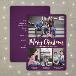 Tarjeta Festiva Con Relieve Metalizado 4 Foto Collage moderno Purple Merry Christmas<br><div class="desc">Envía elegantes saludos alegres y comparte tus fotos favoritas con una tarjeta personalizado de vacaciones de cuatro collage de fotos morado y Relieve metalizado dorado. Todo el texto de esta plantilla es sencillo para el personalizar de incluir cualquier texto, como Feliz Navidad, Felices Fiestas, Saludos de Temporadas, Saludos de Año...</div>