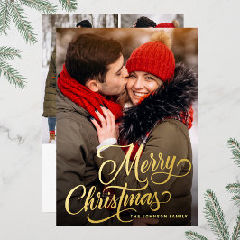 Tarjeta Festiva Con Relieve Metalizado 4 FOTO Sparkle Merry Christmas Greaming Gold