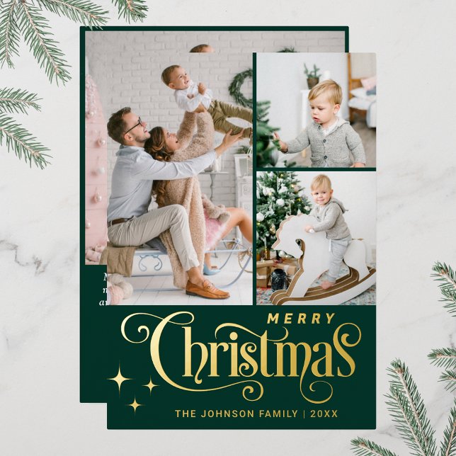 Tarjeta Festiva Con Relieve Metalizado 4 FOTO Sparkle Merry Christmas Greaming Gold (Real foil print Christmas holiday greeting card.)