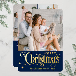 Tarjeta Festiva Con Relieve Metalizado 4 FOTO Sparkle Merry Christmas Greaming Gold