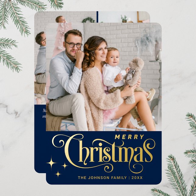 Tarjeta Festiva Con Relieve Metalizado 4 FOTO Sparkle Merry Christmas Greaming Gold (Real foil print Christmas holiday greeting card.)