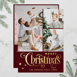 Tarjeta Festiva Con Relieve Metalizado 4 FOTO Sparkle Merry Christmas Greaming Gold