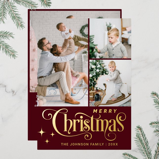 Tarjeta Festiva Con Relieve Metalizado 4 FOTO Sparkle Merry Christmas Greaming Gold (Real foil print Christmas holiday greeting card.)