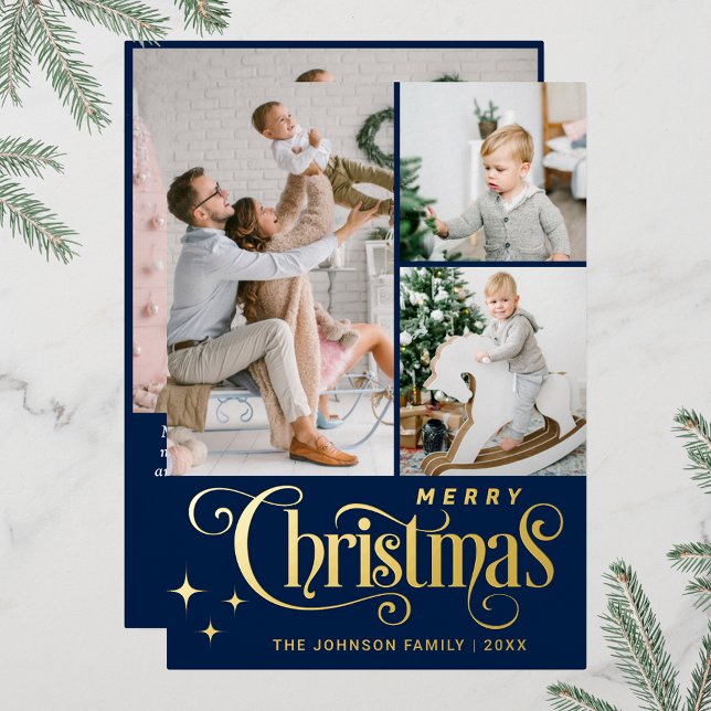 Tarjeta Festiva Con Relieve Metalizado 4 FOTO Sparkle Merry Christmas Greaming Gold (Real foil print Christmas holiday greeting card.)