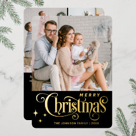 Tarjeta Festiva Con Relieve Metalizado 4 FOTO Sparkle Merry Christmas Greaming Gold