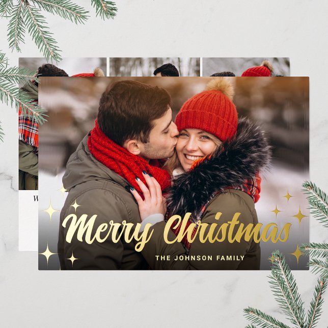 Tarjeta Festiva Con Relieve Metalizado 4 FOTO Sparkle Merry Christmas Greaming Gold (Customizable Christmas holiday greeting photo card with real foil print.)