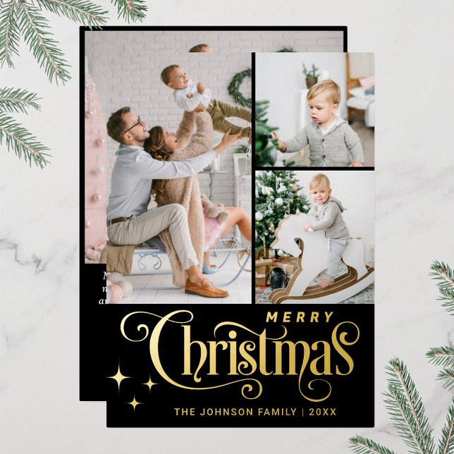 Tarjeta Festiva Con Relieve Metalizado 4 FOTO Sparkle Merry Christmas Greaming Gold (Real foil print Christmas holiday greeting card.)