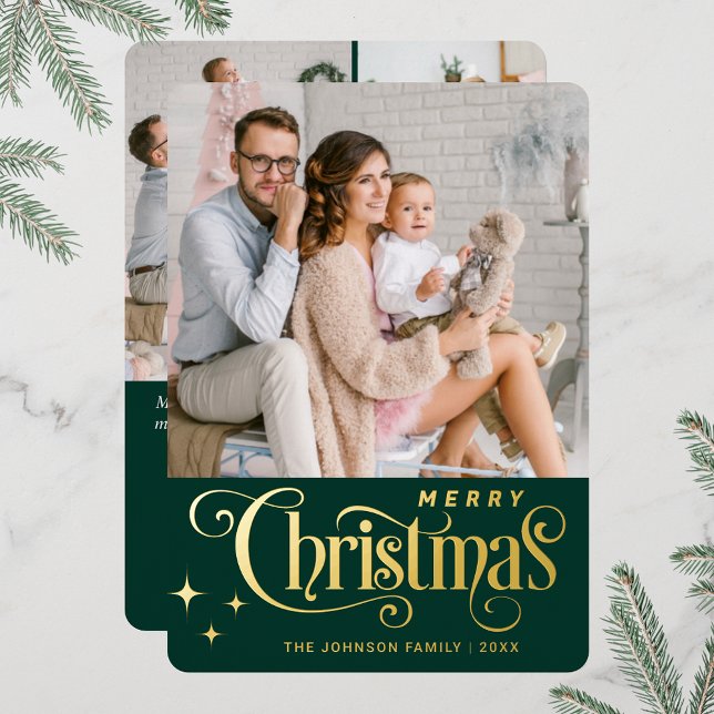 Tarjeta Festiva Con Relieve Metalizado 4 FOTO Sparkle Merry Christmas Greaming Gold (Real foil print Christmas holiday greeting card.)
