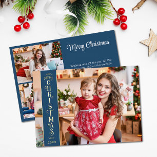 Tarjeta Festiva Con Relieve Metalizado 4 fotos Merry Christmas blue family gold