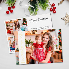 Tarjeta Festiva Con Relieve Metalizado 4 fotos Merry Christmas white family gold
