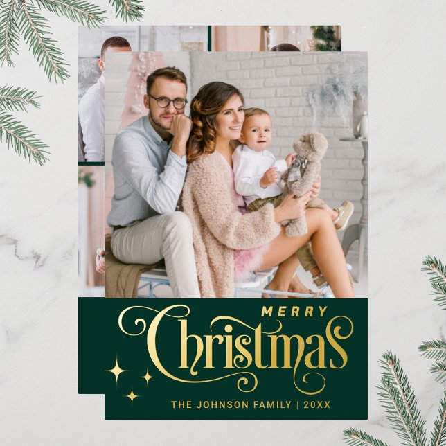 Tarjeta Festiva Con Relieve Metalizado 5 FOTO Sparkle Merry Christmas Greet (Real foil print Christmas holiday greeting card.)