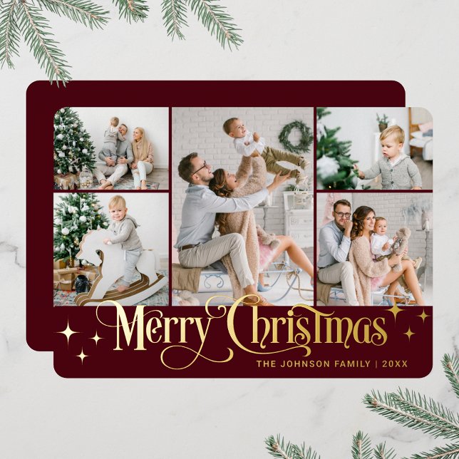 Tarjeta Festiva Con Relieve Metalizado 5 FOTOGRAFÍA Sparkle Merry Christmas Gold (PHOTO Sparkle Merry Christmas Greeting Foil Holiday Card)