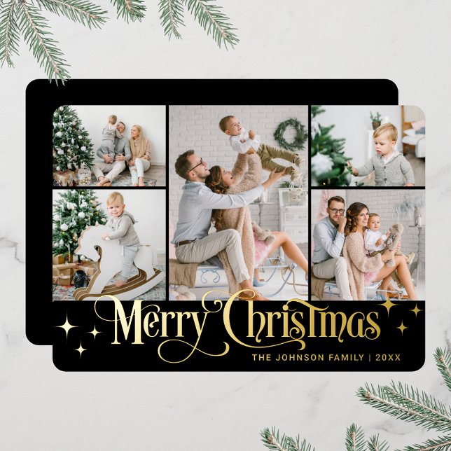 Tarjeta Festiva Con Relieve Metalizado 5 FOTOGRAFÍA Sparkle Merry Christmas Gold (PHOTO Sparkle Merry Christmas Greeting Foil Holiday Card)