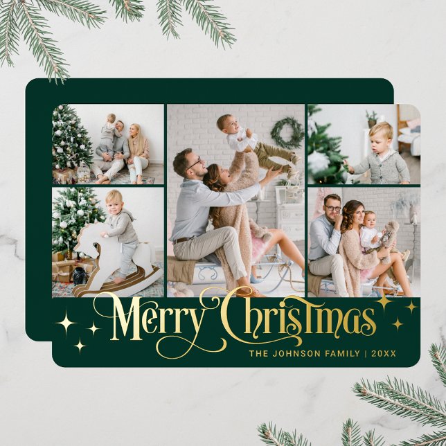 Tarjeta Festiva Con Relieve Metalizado 5 FOTOGRAFÍA Sparkle Merry Christmas Gold (PHOTO Sparkle Merry Christmas Greeting Foil Holiday Card)