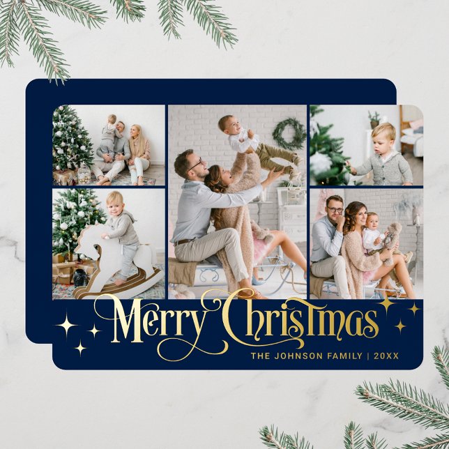 Tarjeta Festiva Con Relieve Metalizado 5 FOTOGRAFÍA Sparkle Merry Christmas Gold (PHOTO Sparkle Merry Christmas Greeting Foil Holiday Card)