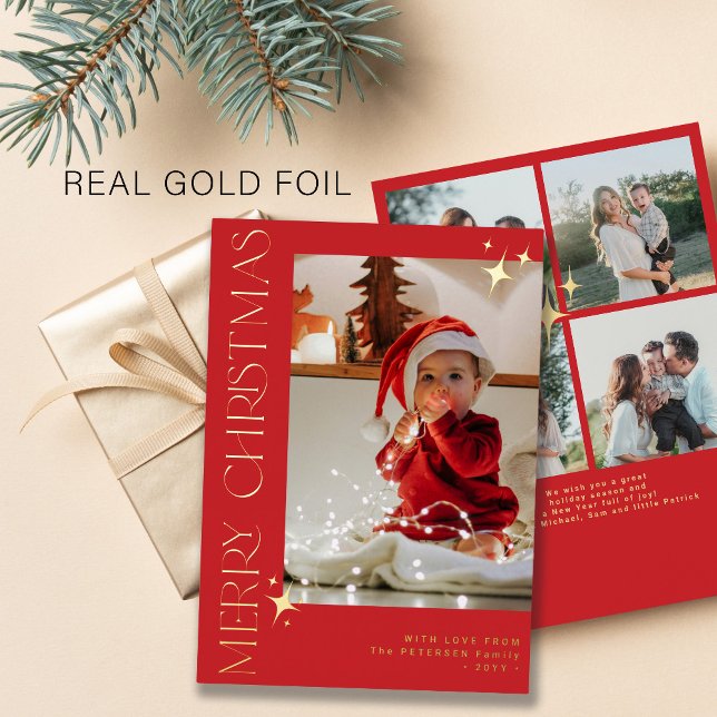 Tarjeta Festiva Con Relieve Metalizado 5 fotos familiares Feliz oro rojo navidad (Subido por el creador)