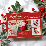 Tarjeta Festiva Con Relieve Metalizado 6 fotos creen en Navidades familia mágica roja<br><div class="desc">Tarjeta de saludo de vacaciones moderna con 5 de tus retratos favoritos de la familia de Navidades complementados con marcos de Relieve metalizado de oro real y una redacción que dice "Creer en la magia de los Navidades" sobre un fondo rojo festivo, personalizable con tu mensaje o nombres. Puede cargar...</div>