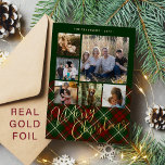 Tarjeta Festiva Con Relieve Metalizado 6 fotos Feliz Navidad familia oro verde rojo<br><div class="desc">Elegante y elegante tartán Relieve metalizado de oro real Merry Christmas script seis fotos de familia clásico tarjeta de vacaciones rojo verde tradicional con su personalizado texto personalizado en ambos lados.</div>