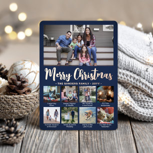 Tarjeta Festiva Con Relieve Metalizado 9 Foto Azul Marino Feliz Navidad Escritura Moderna