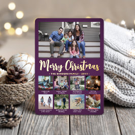 Tarjeta Festiva Con Relieve Metalizado 9 Foto Collage moderno Purple Merry Christmas