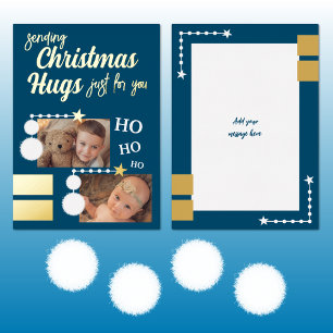 Tarjeta Festiva Con Relieve Metalizado Abrazos de Navidad agregar fotos azul y blanco