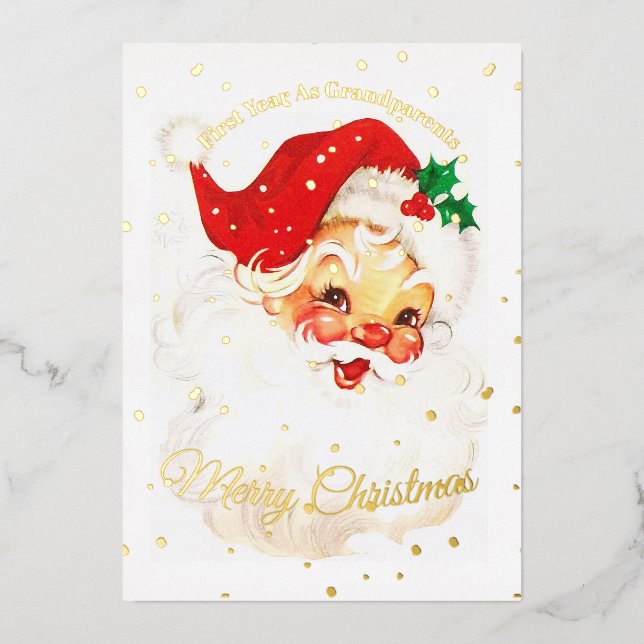 Tarjeta Festiva Con Relieve Metalizado Abuelos Primera foto navideña Santa Merry (Anverso)