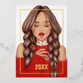 Tarjeta Festiva Con Relieve Metalizado Acogedores Navidades de Cacao Caliente