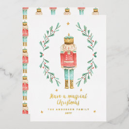 Tarjeta Festiva Con Relieve Metalizado Acrarela botánica linda de cascanueces 
