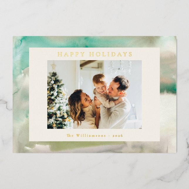 Tarjeta Festiva Con Relieve Metalizado Acuarela abstracta en verde con foto personalizada (Anverso)