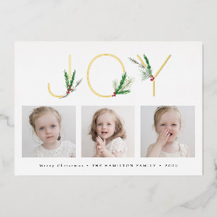 Tarjeta Festiva Con Relieve Metalizado Acuarela Alegría de Follaje de Navidad con Tres Fo