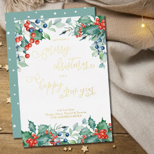 Tarjeta Festiva Con Relieve Metalizado Acuarela Bayas de Invierno Caligrafía de Acebo Dor