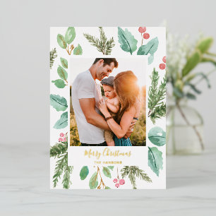 Tarjeta Festiva Con Relieve Metalizado Acuarela Botánica Foto Navideña Elegante