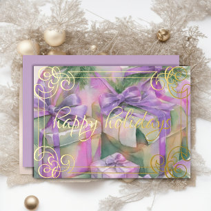 Tarjeta Festiva Con Relieve Metalizado Acuarela de Navidades Regalos Peach Mint Lavender