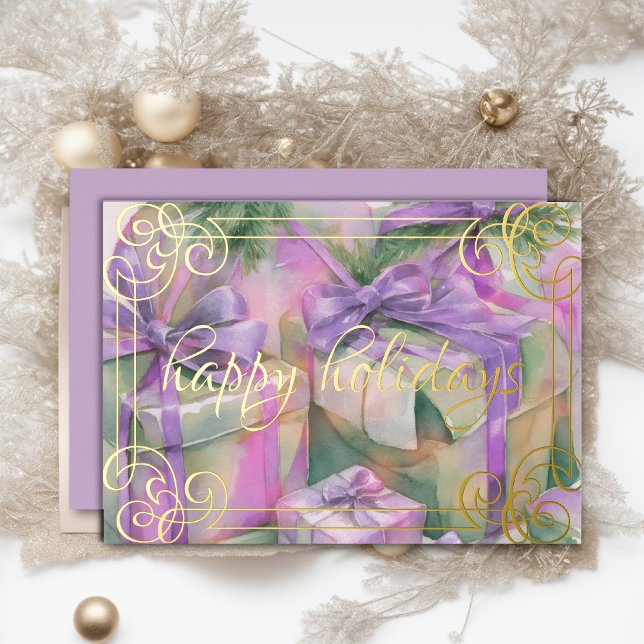 Tarjeta Festiva Con Relieve Metalizado Acuarela de Navidades Regalos Peach Mint Lavender (Subido por el creador)