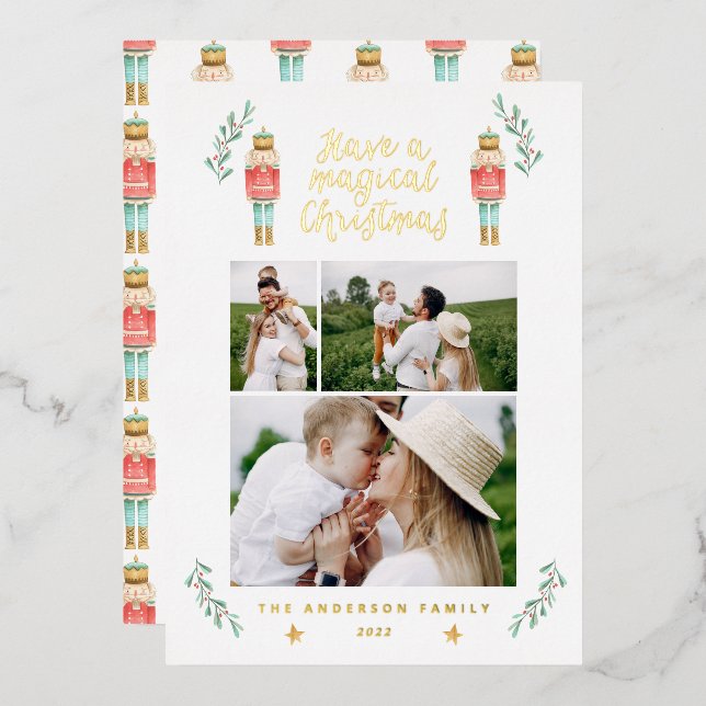 Tarjeta Festiva Con Relieve Metalizado Acuarela de Nutcracker 3 foto (Anverso/Reverso)