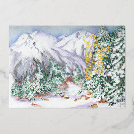 Tarjeta Festiva Con Relieve Metalizado Acuarela Paisaje montañoso de la nieve con pinos
