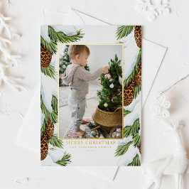 Tarjeta Festiva Con Relieve Metalizado Acuarela Pinecones Snoweather Christmas Photo