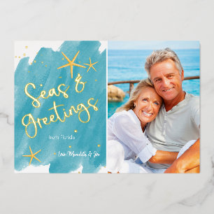 Tarjeta Festiva Con Relieve Metalizado Acuarela Seas & Greetings Playa