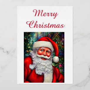 Tarjeta Festiva Con Relieve Metalizado Adorable Papá Noel Feliz Navidad