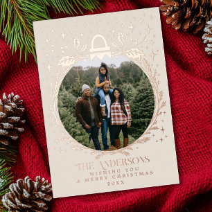 Tarjeta Festiva Con Relieve Metalizado Adorno de hoja de Navidad elegante de crema Foto