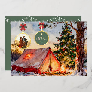 Tarjeta Festiva Con Relieve Metalizado Adorno de Navidad de Acuarela Rústica para Fotogra