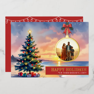 Tarjeta Festiva Con Relieve Metalizado Adorno de Navidad de playa de acuarela moderna per