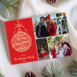 Tarjeta Festiva Con Relieve Metalizado Adorno Feliz Navidad Foto de Familia