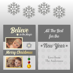 Tarjeta Festiva Con Relieve Metalizado Adornos de Navidad estrellas copo de nieve fotos g